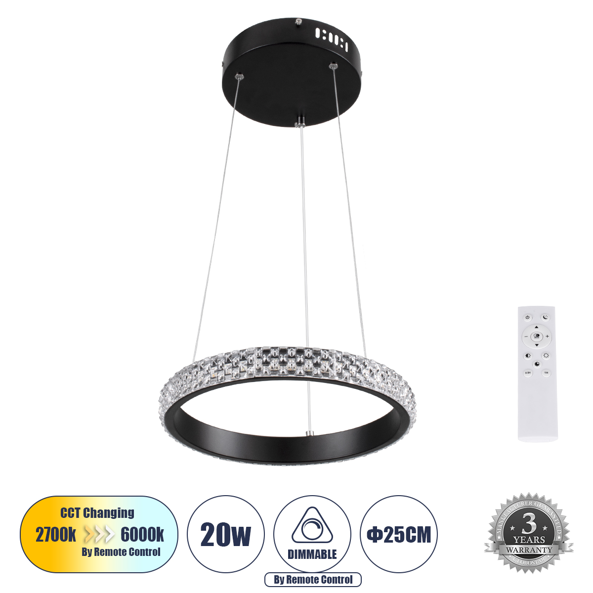 GLOBOSTAR® DIAMOND 61126 Μοντέρνο Κρεμαστό Φωτιστικό Οροφής LED 20W 2356lm 360° AC 220-240V IP20 Ρυθμιζόμενο Λευκό CCT με Χειριστήριο από 2700K έως 6000K Dimmable - Lumileds SMD Chip - Μαύρο Ματ - Μ25 x Π25 x Υ3cm - 3 Χρόνια Εγγύηση - Image 2
