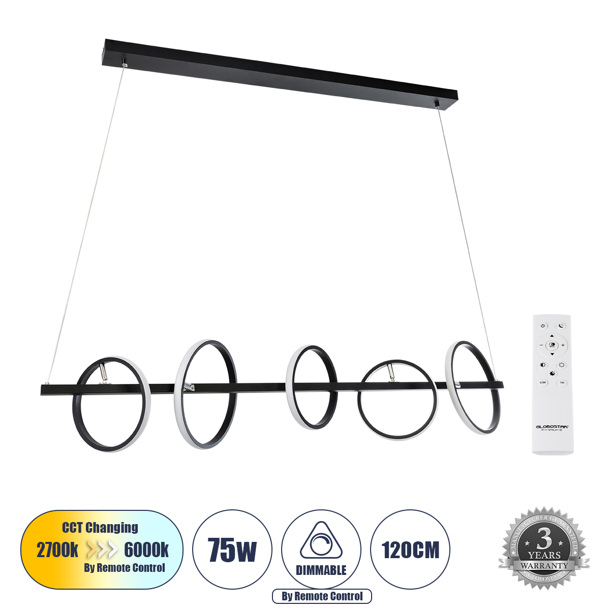 GLOBOSTAR® CIRCOLARE 61319 Μοντέρνο Κρεμαστό Φωτιστικό Οροφής LED 75W 7500lm 360° AC 220-240V IP20 Ρυθμιζόμενο Λευκό CCT με Χειριστήριο από 2700K έως 6000K Dimmable - Lumileds SMD Chip - Μαύρο Ματ - Μ120 x Π25 x Υ25cm - 3 Χρόνια Εγγύηση - Image 2