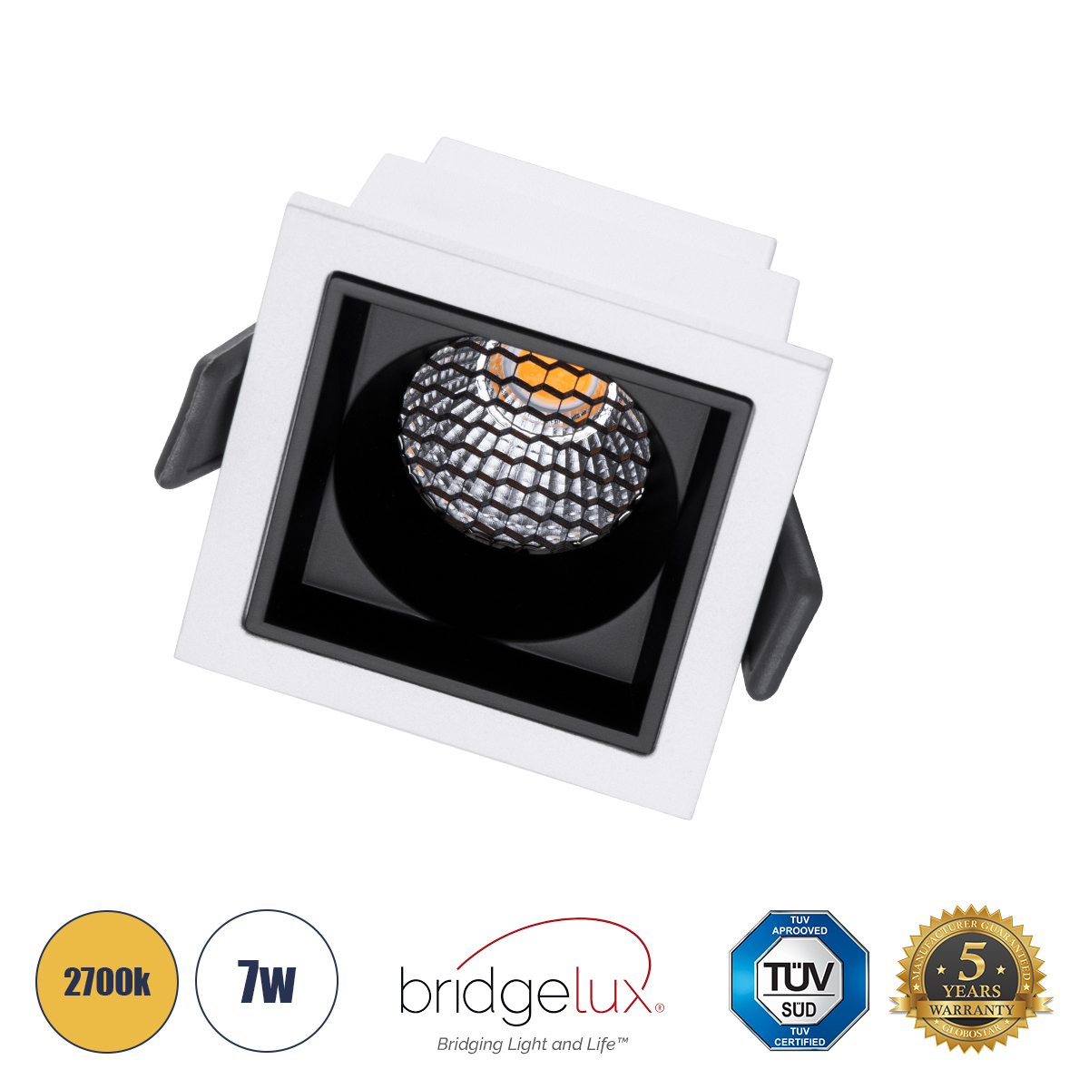 GLOBOSTAR® PLUTO-S 60265 Χωνευτό Downlight Σποτ με Honeycomb Anti Glare Reflector LED 7W 875lm 38° AC 220-240V IP20 Θερμό Λευκό 2700K - Bridgelux COB Chip & TÜV SÜD Driver - Λευκό & Μαύρο Ματ - Μ6.4 x Π6.4 x Υ4.9cm / Q5.5 x 5.5cm - 5 Χρόνια Εγγύηση - Image 2