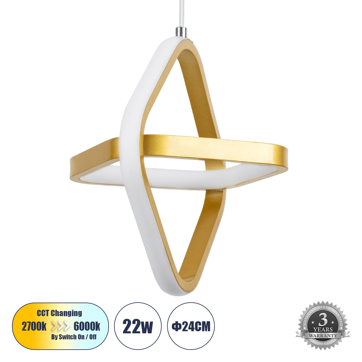 GLOBOSTAR® ROSE 61066 Μοντέρνο Κρεμαστό Φωτιστικό Οροφής LED 22W 2640lm 300° AC 220-240V IP20 Ρυθμιζόμενο Λευκό CCT με On/Off 2700K/4500K/6000K - Lumileds SMD Chip - Χρυσό Βούρτσας - Μ24 x Π22 x Υ24cm - 3 Χρόνια Εγγύηση - Image 2