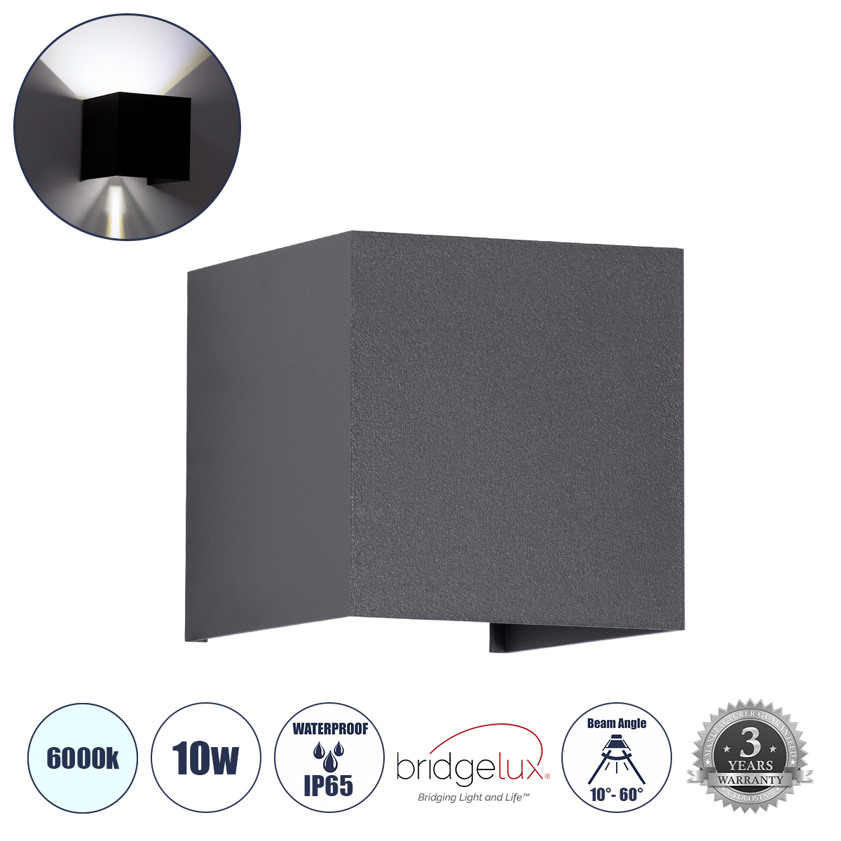 GLOBOSTAR® AXIS-S 60567 Μοντέρνο Φωτιστικό Τοίχου - Απλίκα LED 10W 1250lm 5°/60° AC 220-240V Αδιάβροχο IP65 Ψυχρό Λευκό 6000K - Bridgelux COB Chip & TÜV SÜD Driver - Γκρι Ανθρακί Ματ - Μ10 x Π10 x Υ10cm - 5 Χρόνια Εγγύηση - Image 2