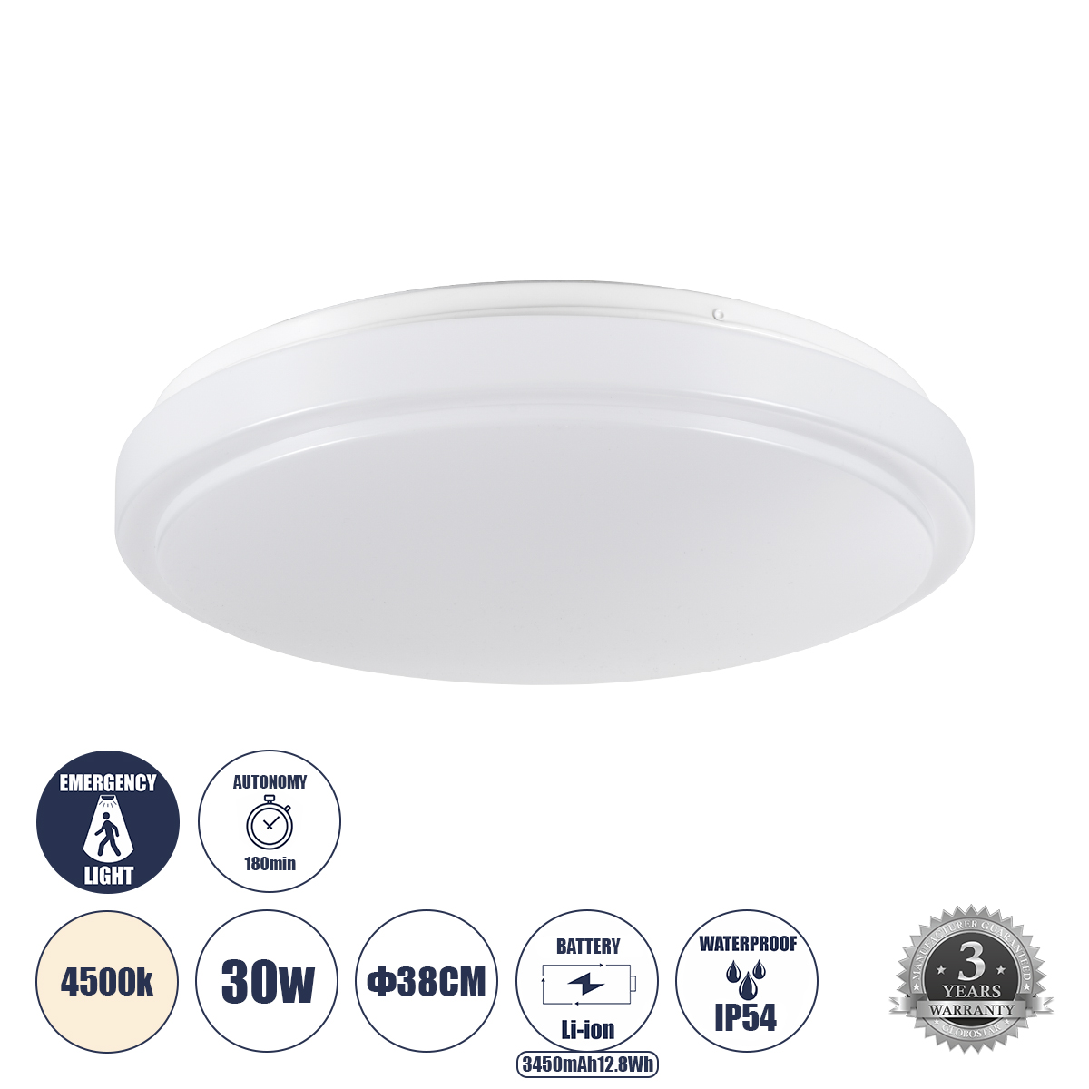 GLOBOSTAR® EMERGANO 60993 Φωτιστικό Πλαφονιέρα Οροφής με Ενσωματωμένο Σύστημα Emergency Li-ion 3450mAh/12.8Wh με Αυτονομία 3hrs LED 30W 3750lm 120° AC 220-240V Αδιάβροχο IP54 Φυσικό Λευκό 4500K - Lumileds SMD Chip - Λευκό Γαλακτερό - Μ38 x Π38 x Υ5.3cm - 3 Χρόνια Εγγύηση - Image 2