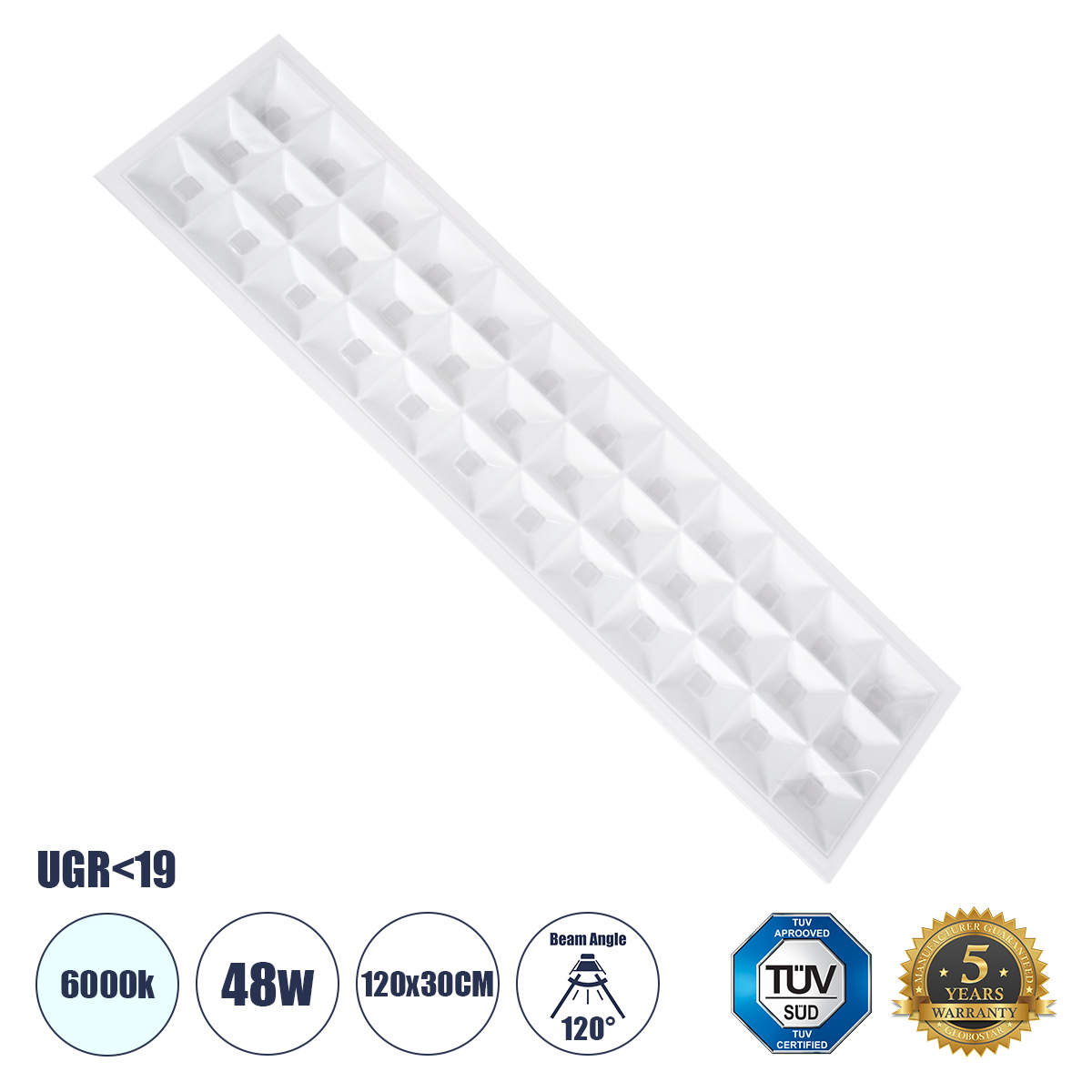 GLOBOSTAR® ZEUS 60971 Χωνευτό Panel Οροφής 120x30 με Anti Glare Reflector LED 48W 7440lm 120° CRI≥85Ra UGR<19 AC 220-240V IP20 Ψυχρό Λευκό 6000K - Lumileds SMD Chip & TÜV SÜD Driver - Λευκό Γαλακτερό - Μ120 x Π30 x Υ3.3cm / Q116 x 26cm - 5 Χρόνια Εγγύηση - Image 2