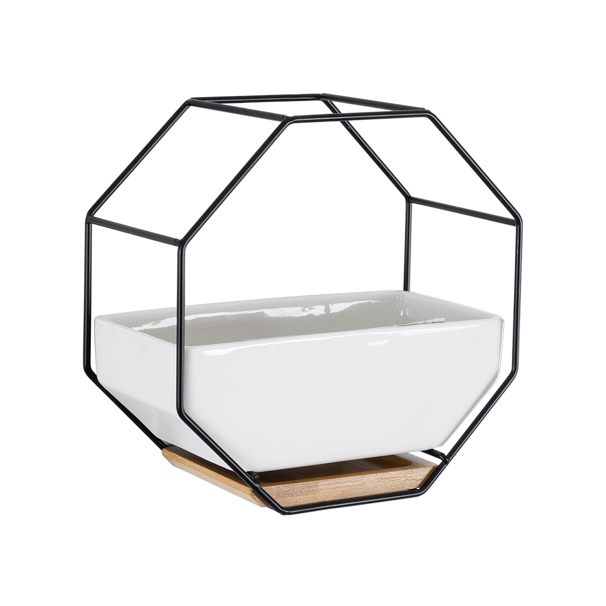 GloboStar® Artificial Garden BIANCO 20557 Διακοσμητικό Κεραμικό Κασπώ Γλάστρα - Flower Pot Λευκό με Μαύρο Μεταλλικό Πλέγμα και Καφέ Ξύλινη Βάση Μ18 x Π10 x Υ18cm - Image 2