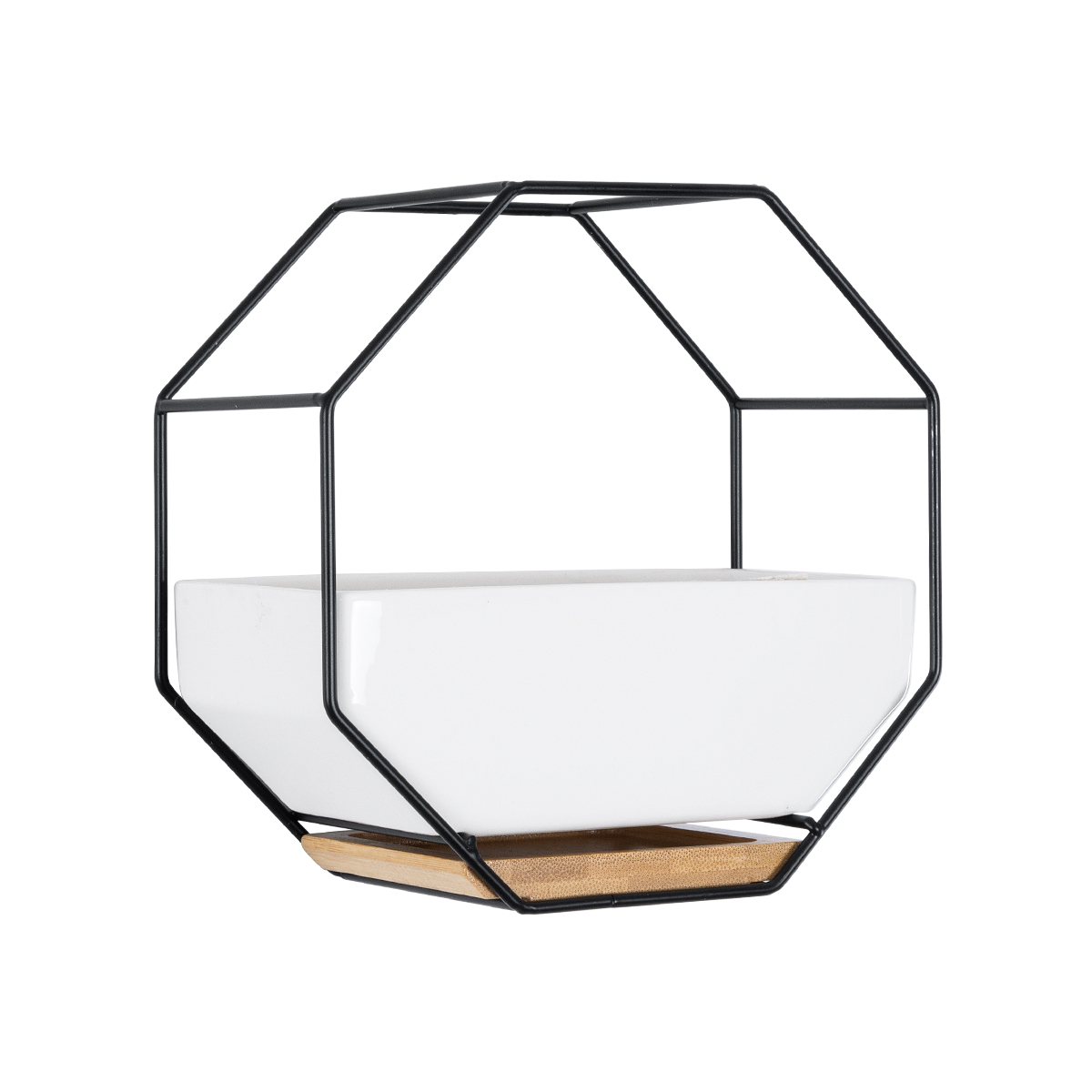 GloboStar® Artificial Garden BIANCO 20557 Διακοσμητικό Κεραμικό Κασπώ Γλάστρα - Flower Pot Λευκό με Μαύρο Μεταλλικό Πλέγμα και Καφέ Ξύλινη Βάση Μ18 x Π10 x Υ18cm - Image 3
