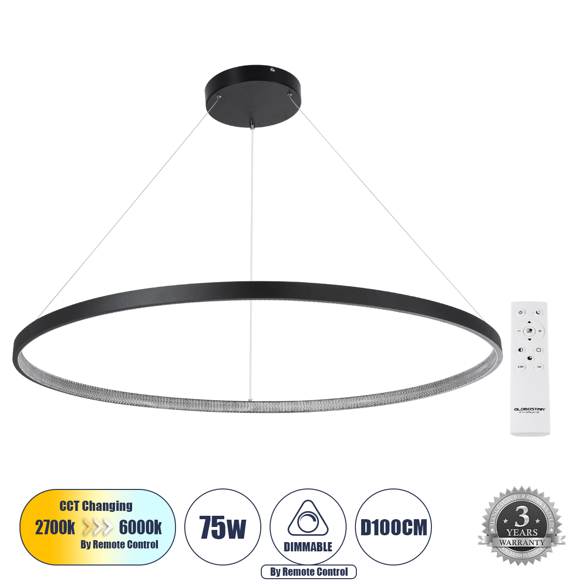 GLOBOSTAR® DIAMOND 61519 Μοντέρνο Κρεμαστό Φωτιστικό Οροφής LED 75W 8400lm 360° AC 220-240V IP20 Ρυθμιζόμενο Λευκό CCT με Χειριστήριο από 2700K έως 6000K Dimmable - Lumileds SMD Chip - Μαύρο Ματ - Μ100 x Π100 x Υ90cm - 3 Χρόνια Εγγύηση - Image 2