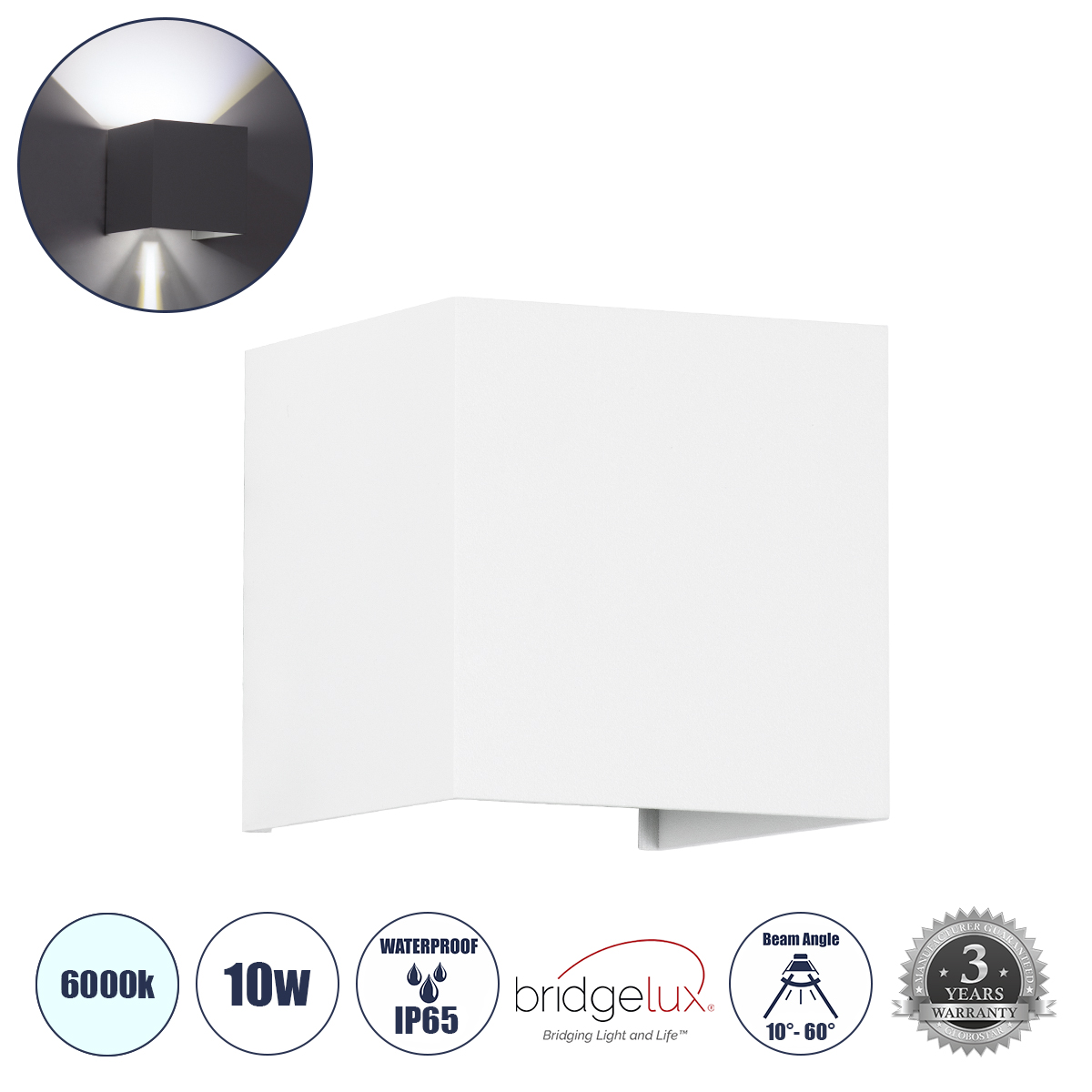 GLOBOSTAR® AXIS-S 60566 Μοντέρνο Φωτιστικό Τοίχου - Απλίκα LED 10W 1250lm 5°/60° AC 220-240V Αδιάβροχο IP65 Ψυχρό Λευκό 6000K - Bridgelux COB Chip & TÜV SÜD Driver - Λευκό Ματ - Μ10 x Π10 x Υ10cm - 5 Χρόνια Εγγύηση - Image 2