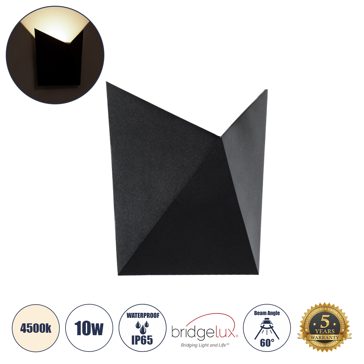 GLOBOSTAR® STEALTH 60523 Μοντέρνο Φωτιστικό Τοίχου - Απλίκα LED 10W 1100lm 60° AC 220-240V Αδιάβροχο IP65 Φυσικό Λευκό 4500K - Bridgelux COB Chip & TÜV SÜD Driver - Μαύρο Ματ - Μ17 x Π7.5 x Υ17cm - 5 Χρόνια Εγγύηση - Image 2