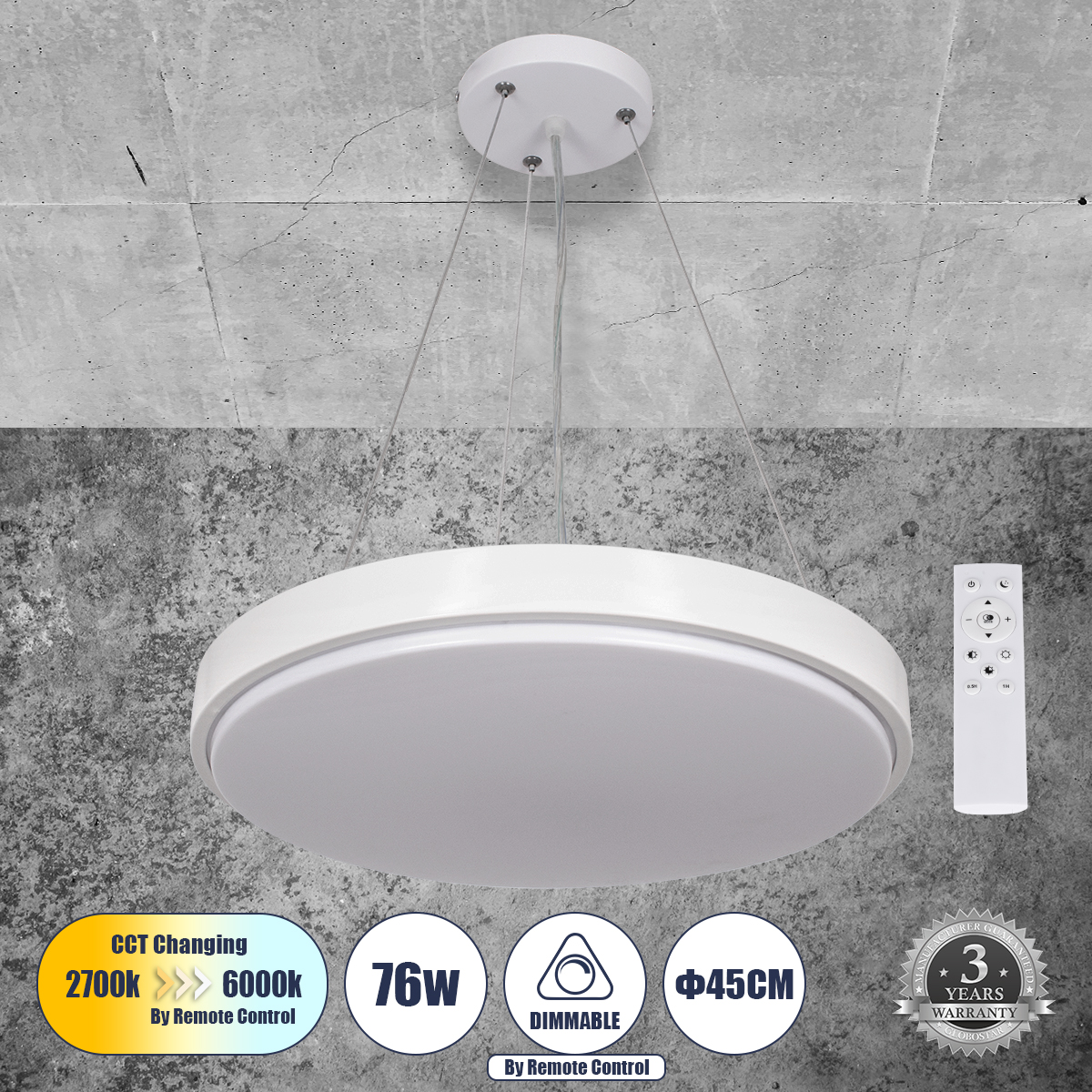 GLOBOSTAR® CASPER 61018 Μοντέρνο Κρεμαστό Φωτιστικό Οροφής LED 76W 8372lm 120° AC 220-240V IP20 Ρυθμιζόμενο Λευκό CCT με Χειριστήριο από 2700K έως 6000K Dimmable - Lumileds SMD Chip - Λευκό Ματ - Μ45 x Π45 x Υ5.5cm - 3 Χρόνια Εγγύηση - Image 2
