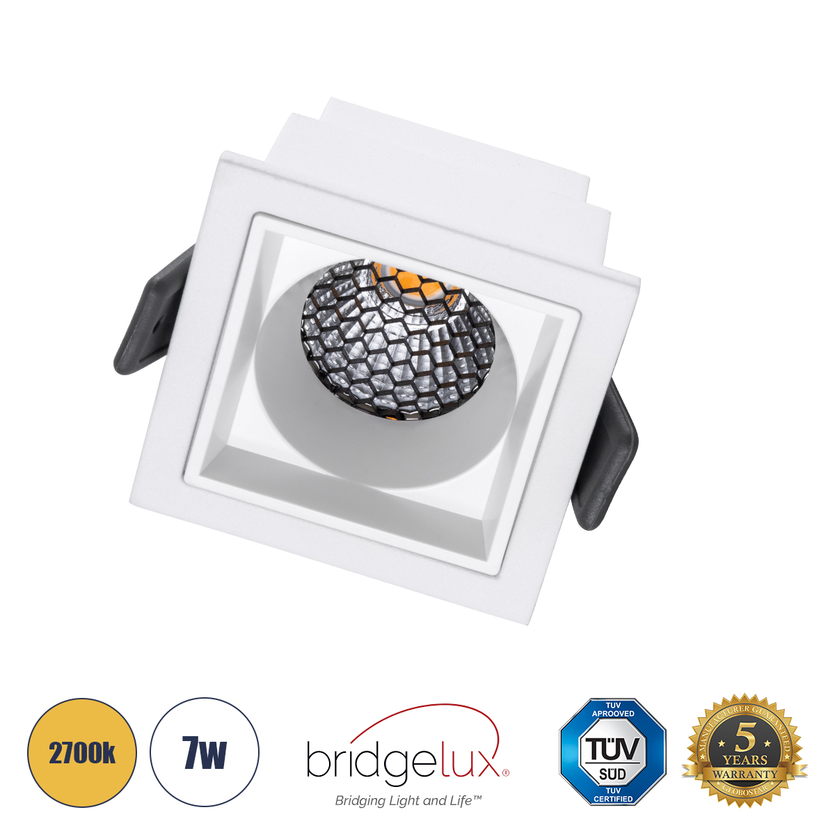 GLOBOSTAR® PLUTO-S 60267 Χωνευτό Downlight Σποτ με Honeycomb Anti Glare Reflector LED 7W 875lm 38° AC 220-240V IP20 Θερμό Λευκό 2700K - Bridgelux COB Chip & TÜV SÜD Driver - Λευκό Ματ - Μ6.4 x Π6.4 x Υ4.9cm / Q5.5 x 5.5cm - 5 Χρόνια Εγγύηση - Image 2