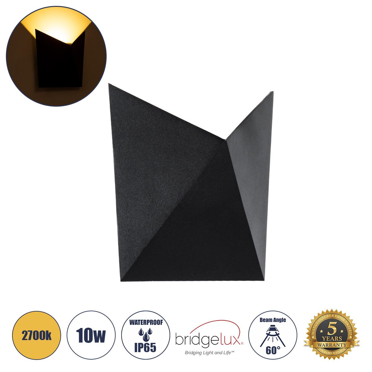 GLOBOSTAR® STEALTH 60520 Μοντέρνο Φωτιστικό Τοίχου - Απλίκα LED 10W 1000lm 60° AC 220-240V Αδιάβροχο IP65 Θερμό Λευκό 2700K - Bridgelux COB Chip & TÜV SÜD Driver - Μαύρο Ματ - Μ17 x Π7.5 x Υ17cm - 5 Χρόνια Εγγύηση - Image 2