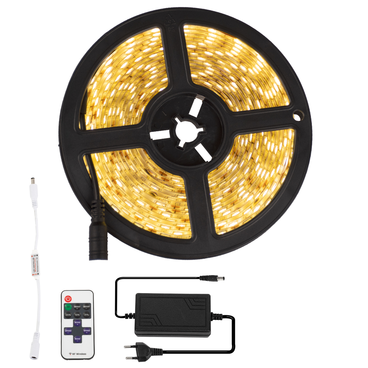 GLOBOSTAR® BRIGHTKIT 70412 Σετ Ταινίας με RF Ασύρματο Χειριστήριο & Τροφοδοτικό LED 72W 6480lm 120° AC 220-240V Αδιάβροχο IP65 300 x SMD5050 Chip Θερμό Λευκό 2700K Dimmable - Sanan SMD Chip - Μ500 x Π1 x Υ0.3cm - Ρολό 5 Μέτρων - 2 Χρόνια Εγγύηση - Image 2