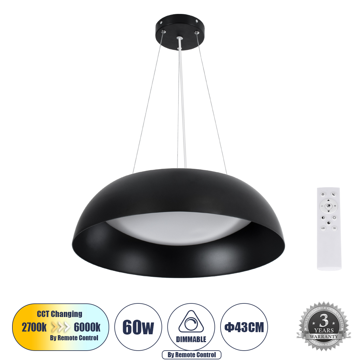 GLOBOSTAR® ANATOLIA 61267 Μοντέρνο Κρεμαστό Φωτιστικό Οροφής LED 60W 6900lm 120° AC 220-240V IP20 Ρυθμιζόμενο Λευκό CCT με Χειριστήριο από 2700K έως 6000K Dimmable - Lumileds SMD Chip - Μαύρο Ματ - Μ43 x Π43 x Υ11cm - 3 Χρόνια Εγγύηση - Image 2