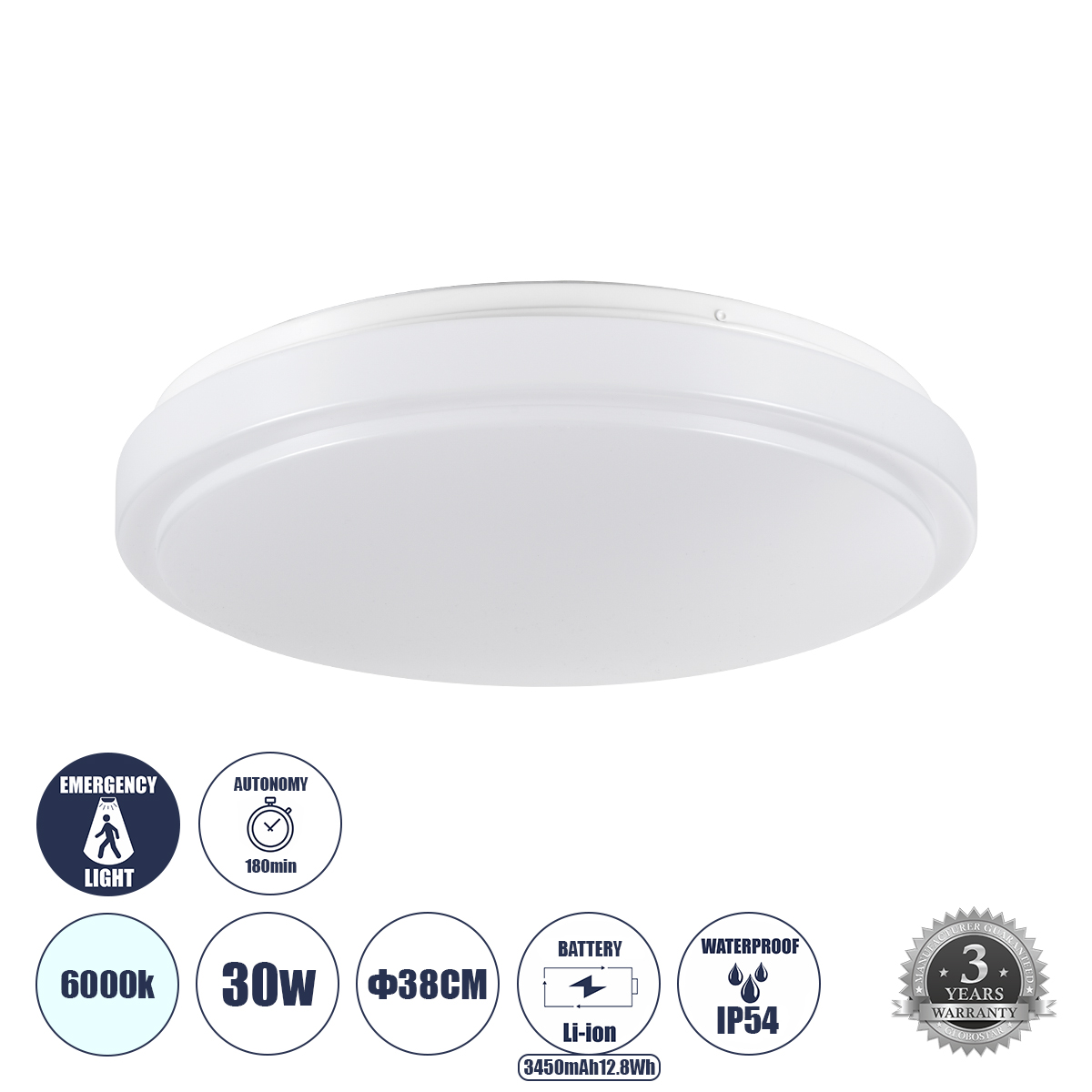 GLOBOSTAR® EMERGANO 60992 Φωτιστικό Πλαφονιέρα Οροφής με Ενσωματωμένο Σύστημα Emergency Li-ion 3450mAh/12.8Wh με Αυτονομία 3hrs LED 30W 3900lm 120° AC 220-240V Αδιάβροχο IP54 Ψυχρό Λευκό 6000K - Lumileds SMD Chip - Λευκό Γαλακτερό - Μ38 x Π38 x Υ5.3cm - 3 Χρόνια Εγγύηση - Image 2
