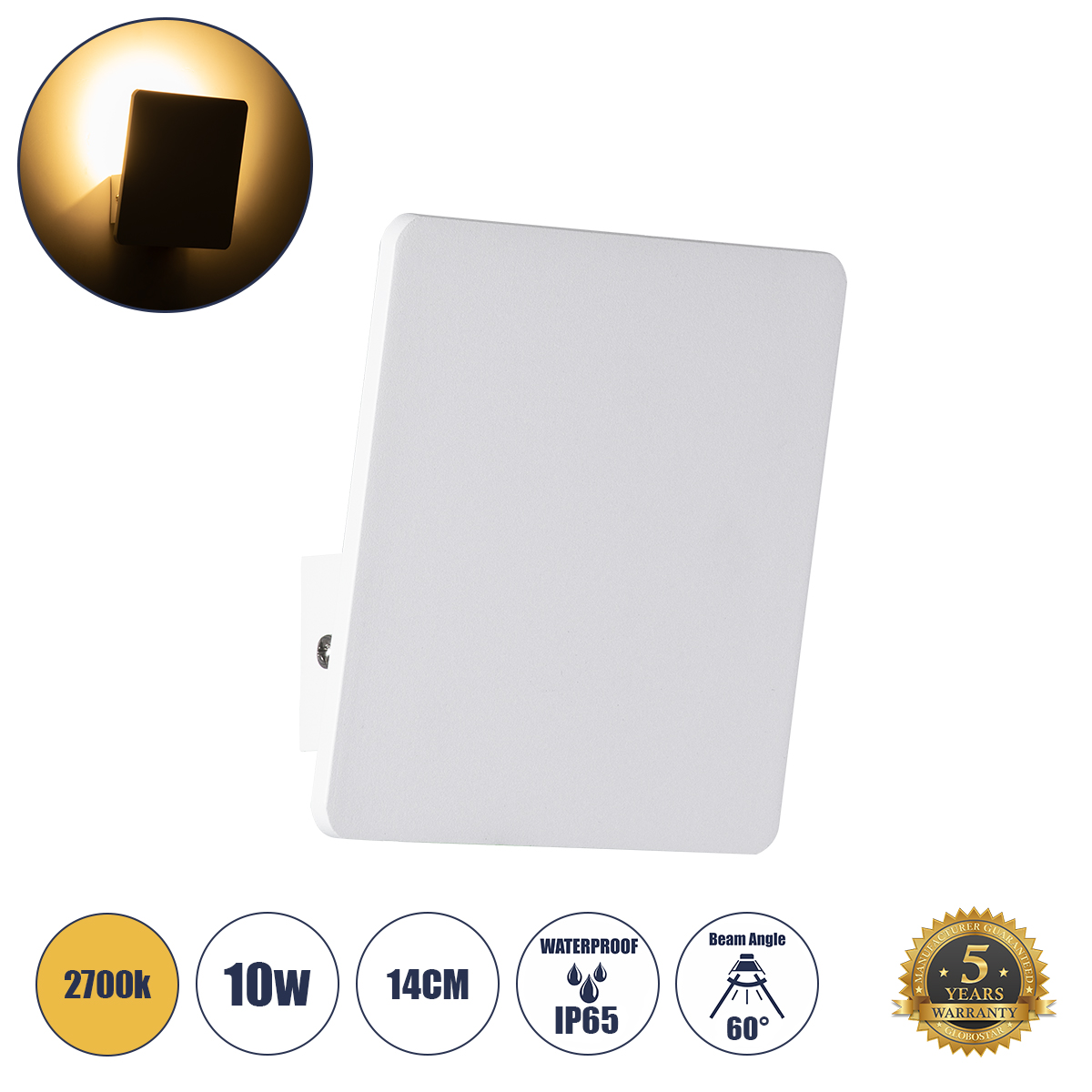 GLOBOSTAR® CUADRADO 60569 Μοντέρνο Φωτιστικό Τοίχου - Απλίκα LED 10W 1000lm 60° AC 220-240V Αδιάβροχο IP65 Θερμό Λευκό 2700K - Bridgelux COB Chip & TÜV SÜD Driver - Λευκό Ματ - Μ14 x Π14 x Υ4.5cm - 5 Χρόνια Εγγύηση - Image 2