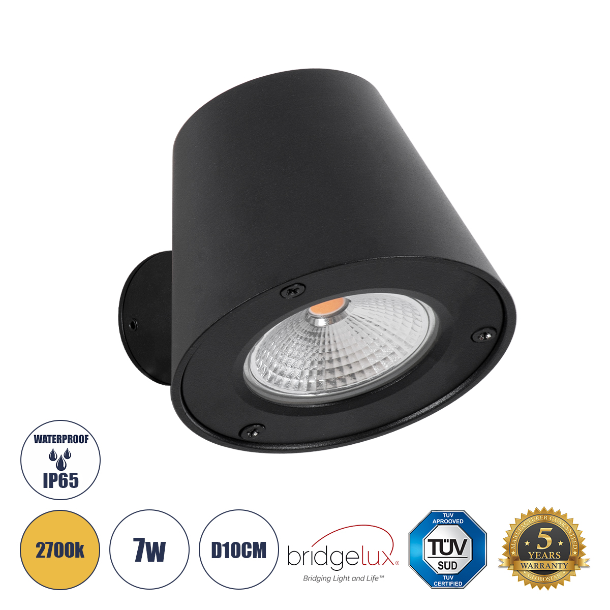 GLOBOSTAR® GARDENIA 60799 Μοντέρνο Φωτιστικό Τοίχου - Απλίκα LED 7W 700lm 60° AC 220-240V Αδιάβροχο IP65 Θερμό Λευκό 2700K - Bridgelux COB Chip & TÜV SÜD Driver - Μαύρο Ματ - Μ9.5 x Π13 x Υ7.7cm - 5 Χρόνια Εγγύηση - Image 2