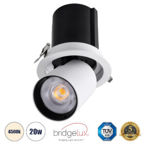 GLOBOSTAR® VIRGO-B 60310 Χωνευτό Κινούμενο Downlight Σποτ LED 20W 2600lm 36° AC 220-240V IP20 Φυσικό Λευκό 4500K - Bridgelux COB Chip & TÜV SÜD Driver - Λευκό & Μαύρο Ματ - Μ13.5 x Π13.5 x Υ14cm / Q11.5cm - 5 Χρόνια Εγγύηση