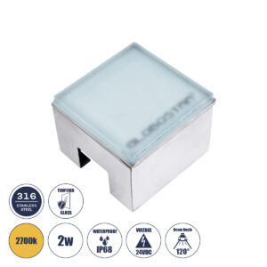 GLOBOSTAR® CYBOLITHOS 60365 Χωνευτό Αρχιτεκτονικο Φωτιστικό Σποτ Δαπέδου LED 2W 220lm 120° DC 24V Αδιάβροχο IP68 IK06 Θερμό Λευκό 2700K Dimmable - Bridgelux SMD Chip - Γαλακτερό Tempered Glass & Ανοξείδωτο Ατσάλι SS316 - Μ10 x Π10x Υ8cm / Q10 x 10cm - 3 Χρόνια Εγγύηση