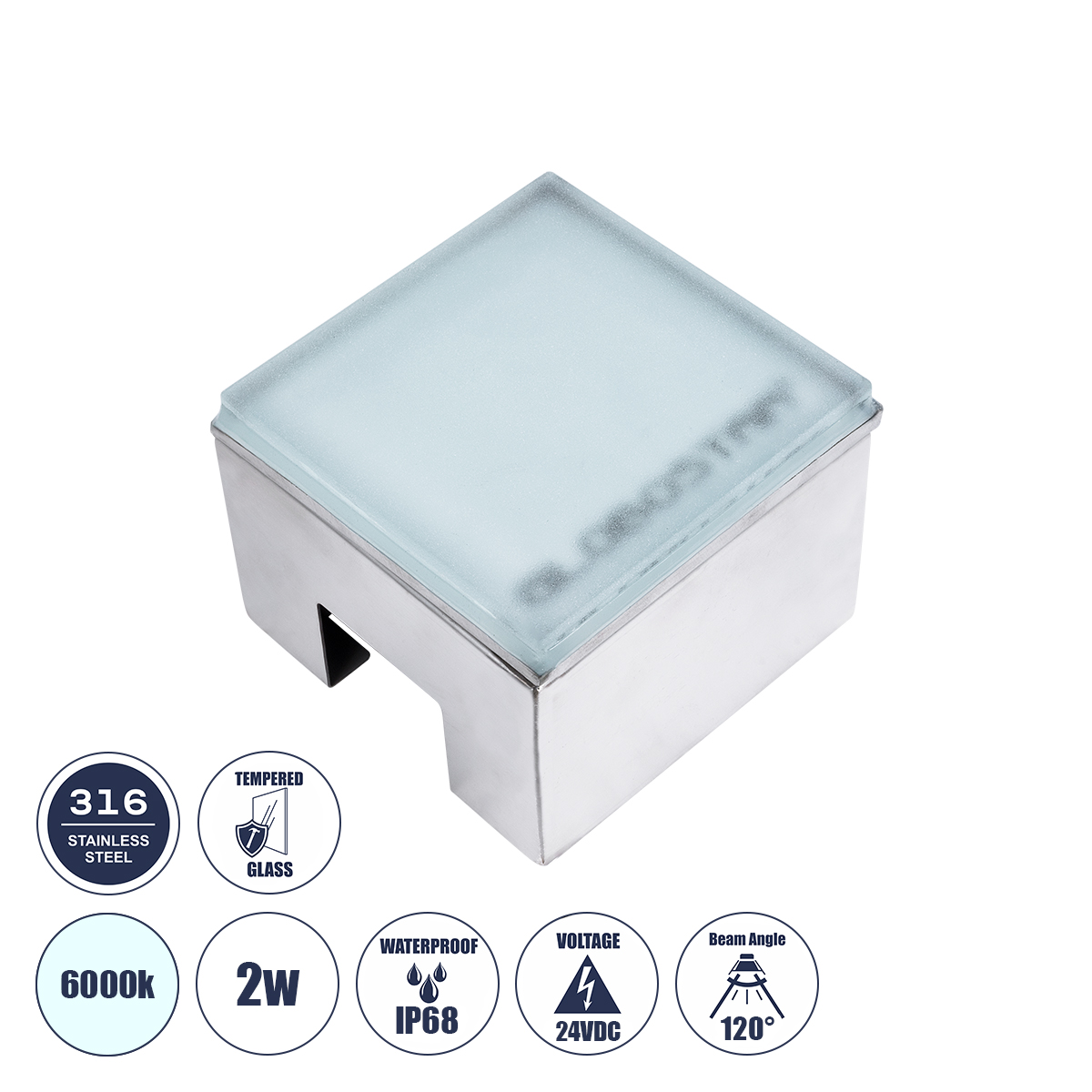 GLOBOSTAR® CYBOLITHOS 60366 Χωνευτό Αρχιτεκτονικο Φωτιστικό Σποτ Δαπέδου LED 2W 240lm 120° DC 24V Αδιάβροχο IP68 IK06 Ψυχρό Λευκό 6000K Dimmable - Bridgelux SMD Chip - Γαλακτερό Tempered Glass & Ανοξείδωτο Ατσάλι SS316 - Μ10 x Π10x Υ8cm / Q10 x 10cm - 3 Χρόνια Εγγύηση