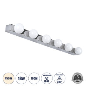 GLOBOSTAR® BELLA 60453 Μοντέρνο Φωτιστικό Τοίχου - Απλίκα Καθρέπτη Μπάνιου LED 18W 2052lm 300° AC 220-240V IP44 Φυσικό Λευκό 4500K - Bridgelux COB Chip & TÜV SÜD Driver - Ασημί & Λευκό - Μ70 x Π11 x Υ6cm - 3 Χρόνια Εγγύηση