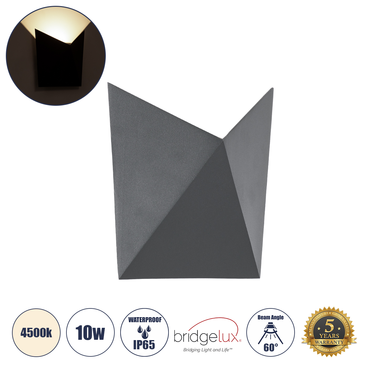 GLOBOSTAR® STEALTH 60522 Μοντέρνο Φωτιστικό Τοίχου - Απλίκα LED 10W 1100lm 60° AC 220-240V Αδιάβροχο IP65 Φυσικό Λευκό 4500K - Bridgelux COB Chip & TÜV SÜD Driver - Γκρι Ανθρακί Ματ - Μ17 x Π7.5 x Υ17cm - 5 Χρόνια Εγγύηση