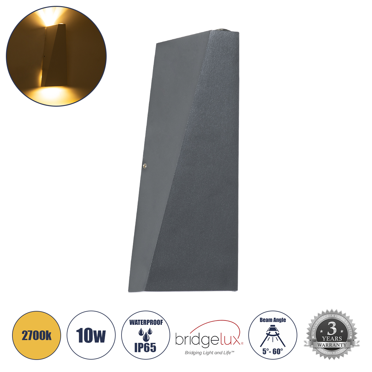GLOBOSTAR® TRIANDE 60552 Μοντέρνο Φωτιστικό Τοίχου - Απλίκα LED 10W 1000lm 5°/60° AC 220-240V Αδιάβροχο IP65 Θερμό Λευκό 2700K - Bridgelux COB Chip & TÜV SÜD Driver - Γκρι Ανθρακί Ματ - Μ8.5 x Π8.5 x Υ20cm - 5 Χρόνια Εγγύηση