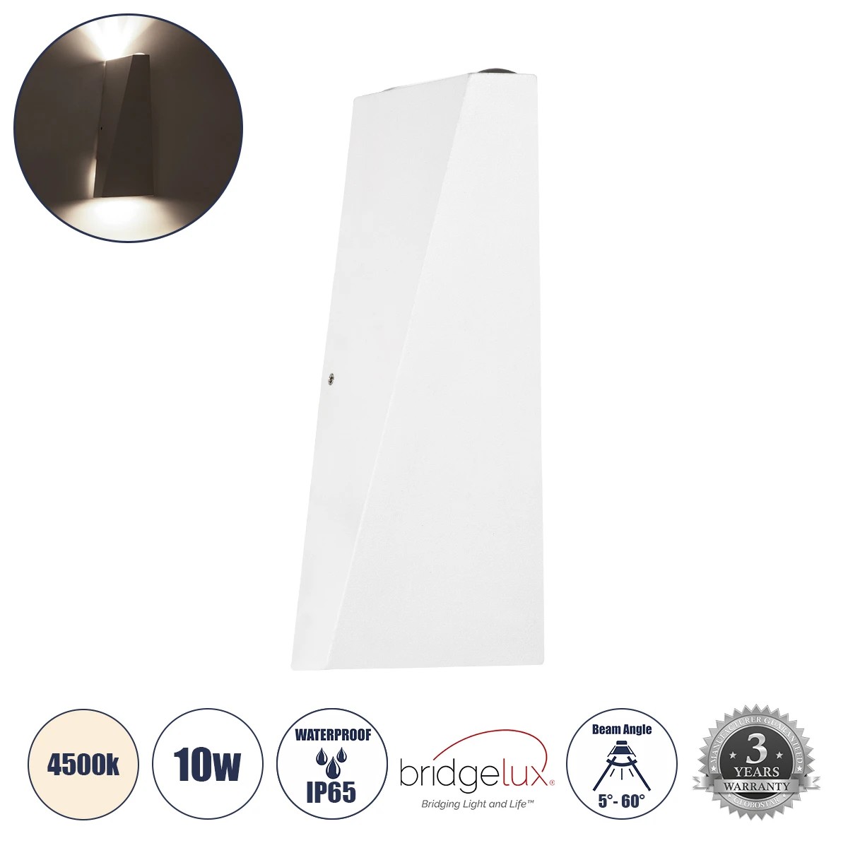 GLOBOSTAR® TRIANDE 60554 Μοντέρνο Φωτιστικό Τοίχου - Απλίκα LED 10W 1200lm 5°/60° AC 220-240V Αδιάβροχο IP65 Φυσικό Λευκό 4500K - Bridgelux COB Chip & TÜV SÜD Driver - Λευκό Ματ - Μ8.5 x Π8.5 x Υ20cm - 5 Χρόνια Εγγύηση