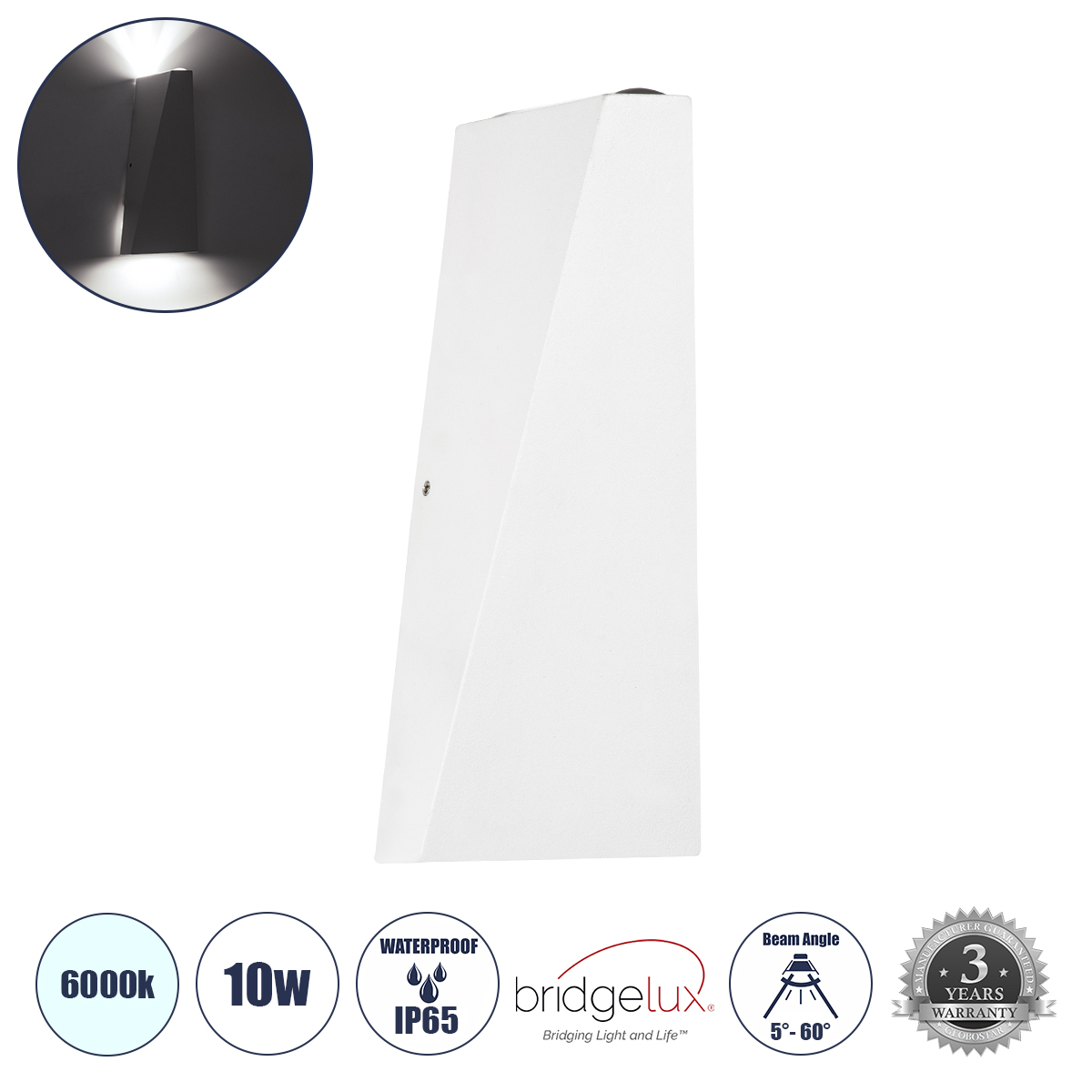 GLOBOSTAR® TRIANDE 60557 Μοντέρνο Φωτιστικό Τοίχου - Απλίκα LED 10W 1250lm 5°/60° AC 220-240V Αδιάβροχο IP65 Ψυχρό Λευκό 6000K - Bridgelux COB Chip & TÜV SÜD Driver - Λευκό Ματ - Μ8.5 x Π8.5 x Υ20cm - 5 Χρόνια Εγγύηση