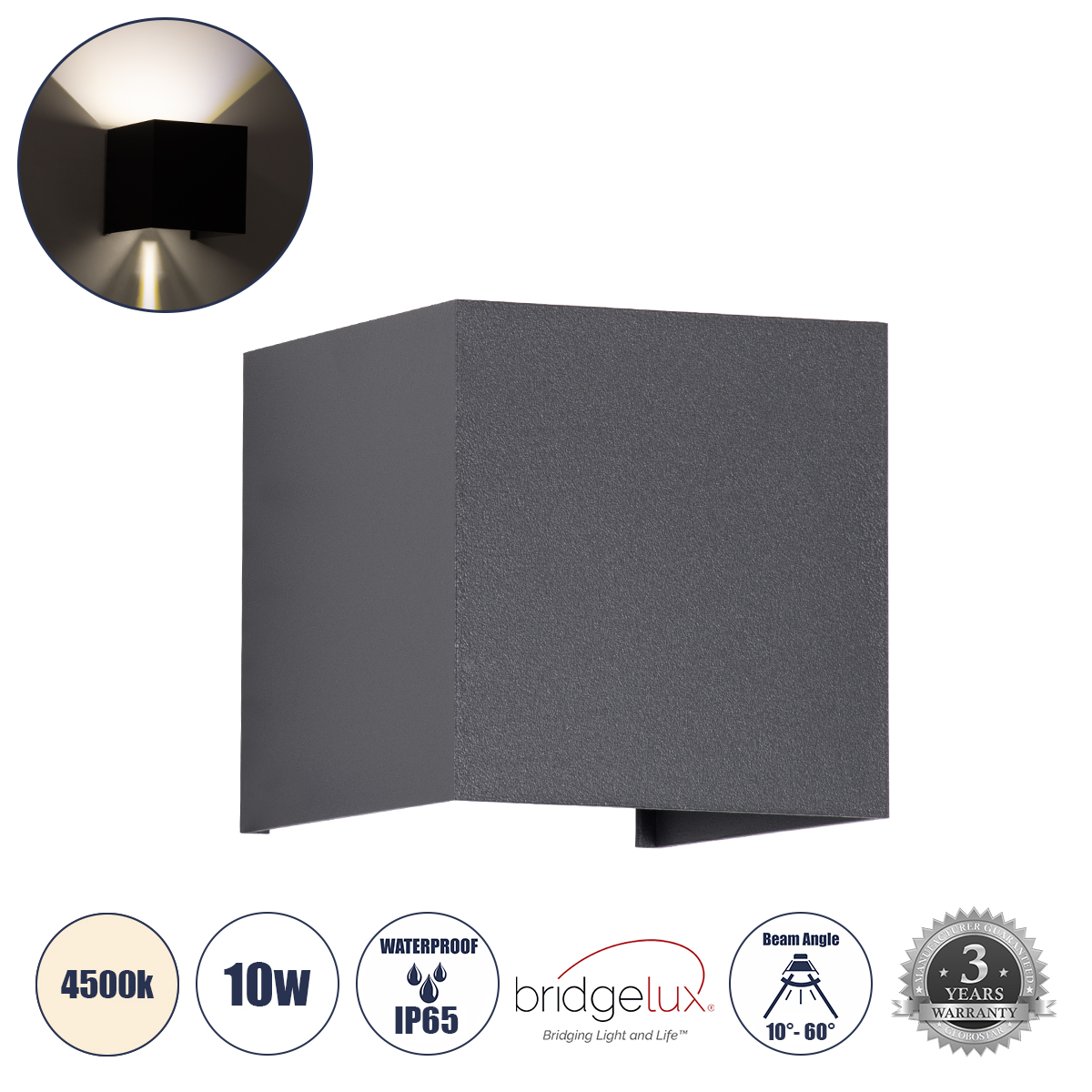 GLOBOSTAR® AXIS-S 60564 Μοντέρνο Φωτιστικό Τοίχου - Απλίκα LED 10W 1200lm 5°/60° AC 220-240V Αδιάβροχο IP65 Φυσικό Λευκό 4500K - Bridgelux COB Chip & TÜV SÜD Driver - Γκρι Ανθρακί Ματ - Μ10 x Π10 x Υ10cm - 5 Χρόνια Εγγύηση