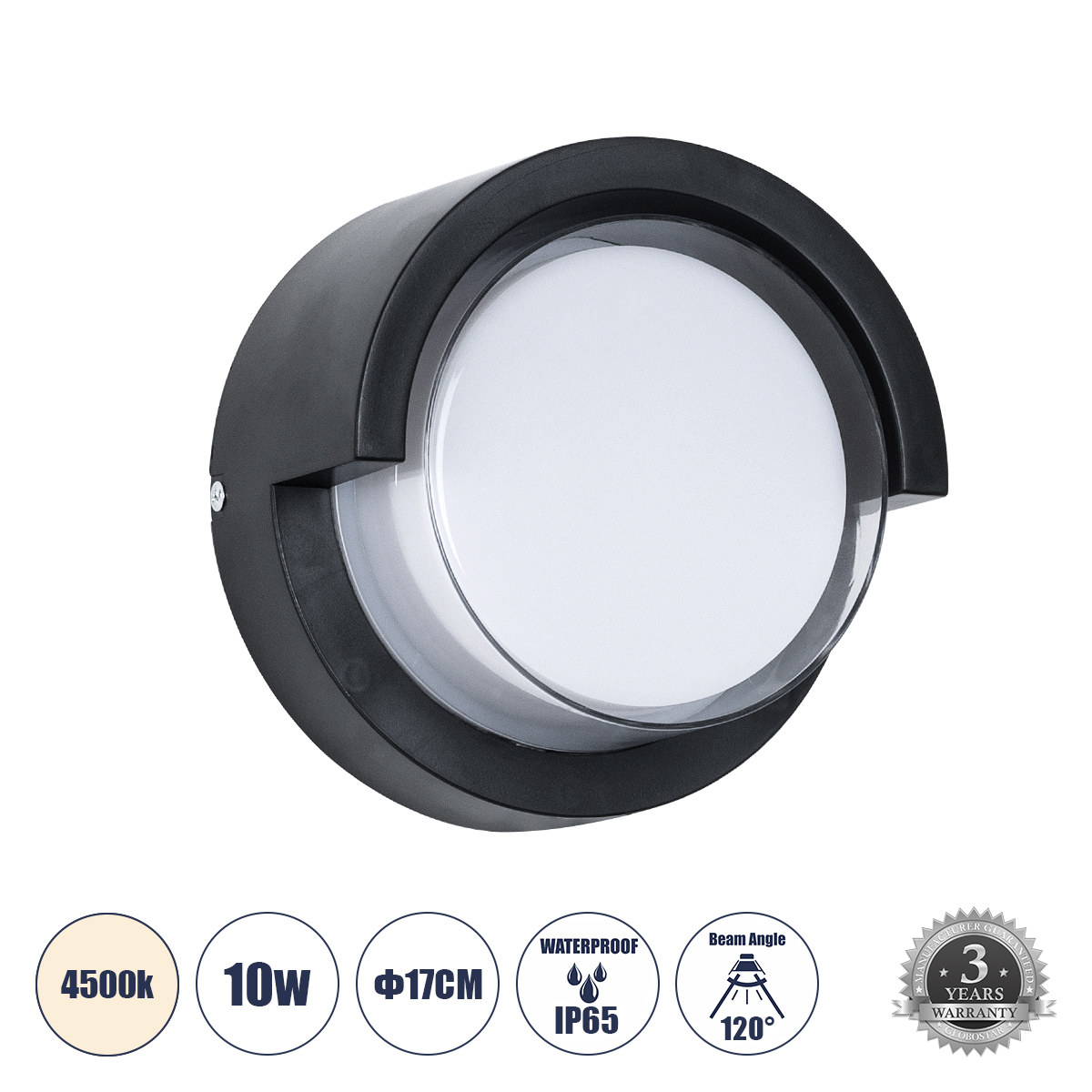 GLOBOSTAR® APEX 60764 Μοντέρνο Φωτιστικό Τοίχου - Απλίκα LED 10W 1050lm 120° AC 220-240V Αδιάβροχο IP65 Φυσικό Λευκό 4500K - Bridgelux SMD Chip - Μαύρο Ματ - Μ17 x Π17 x Υ9cm - 3 Χρόνια Εγγύηση