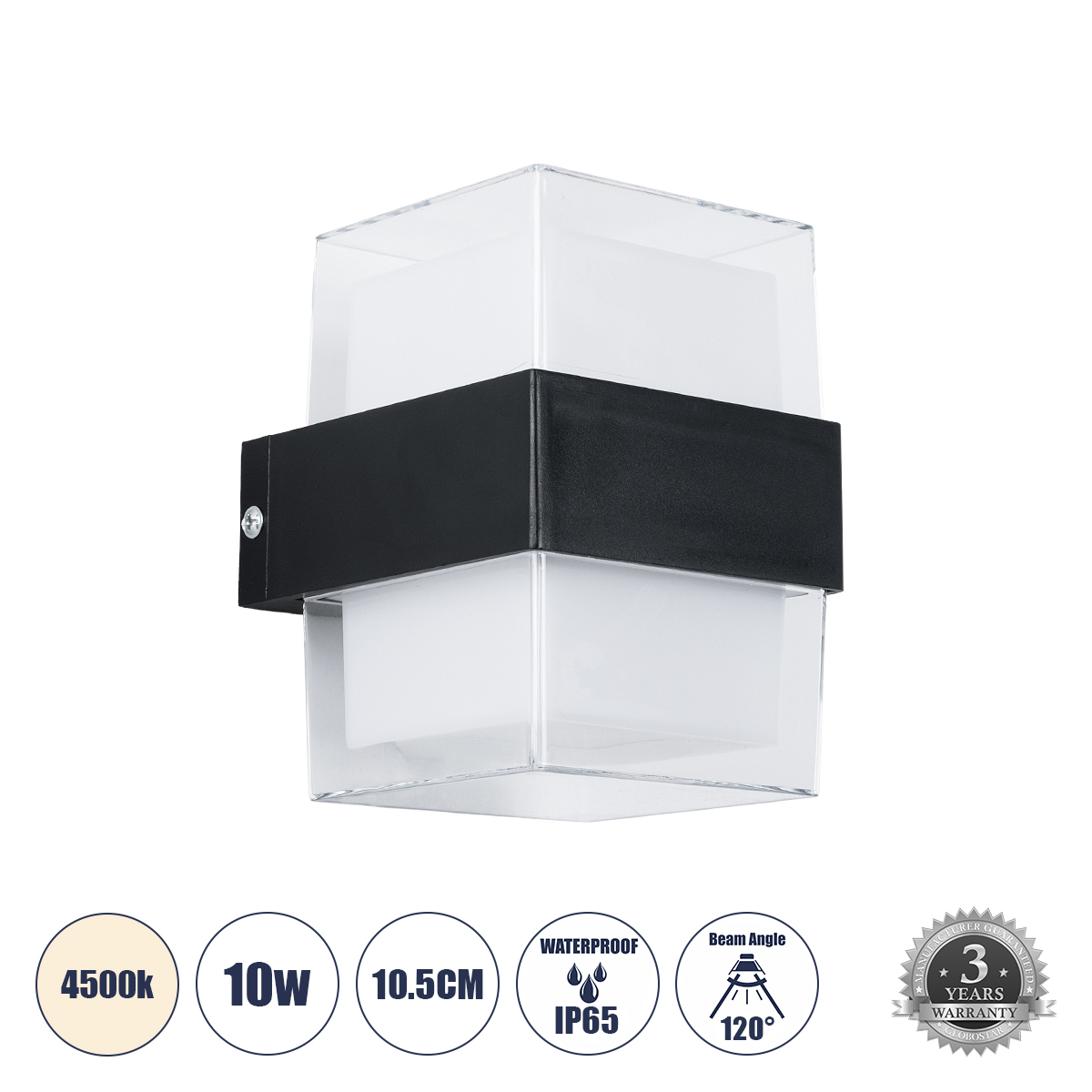 GLOBOSTAR® EMPIRE 60778 Μοντέρνο Φωτιστικό Τοίχου - Απλίκα LED 10W 1050lm 120° AC 220-240V Αδιάβροχο IP65 Φυσικό Λευκό 4500K - Bridgelux SMD Chip & TÜV SÜD Driver - Διάφανο & Μαύρο Ματ - Μ10.5 x Π9 x Υ13cm - 3 Χρόνια Εγγύηση