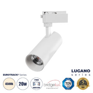 GLOBOSTAR® LUGANO 60807 Μονοφασικό Σποτ Ράγας LED 20W 2500lm 36° AC 220-240V IP20 Φυσικό Λευκό 4500K - Bridgelux COB Chip & TÜV SÜD Driver - Eurotrack 1PH  - Λευκό Ματ - Μ6.5 x Π6.5 x Υ20cm - 5 Χρόνια Εγγύηση