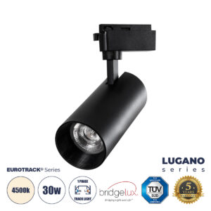 GLOBOSTAR® LUGANO 60816 Μονοφασικό Σποτ Ράγας LED 30W 3750lm 36° AC 220-240V IP20 Φυσικό Λευκό 4500K - Bridgelux COB Chip & TÜV SÜD Driver - Eurotrack 1PH - Μαύρο Ματ - Μ7.5 x Π7.5 x Υ22cm - 5 Χρόνια Εγγύηση