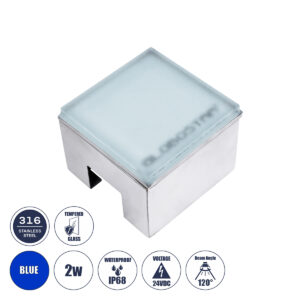 GLOBOSTAR® CYBOLITHOS 60946 Χωνευτό Αρχιτεκτονικο Φωτιστικό Σποτ Δαπέδου LED 2W 170lm 120° DC 24V Αδιάβροχο IP68 IK06 Μπλε Dimmable - Bridgelux SMD Chip - Γαλακτερό Tempered Glass & Ανοξείδωτο Ατσάλι SS316 - Μ10 x Π10x Υ8cm / Q10 x 10cm - 3 Χρόνια Εγγύηση