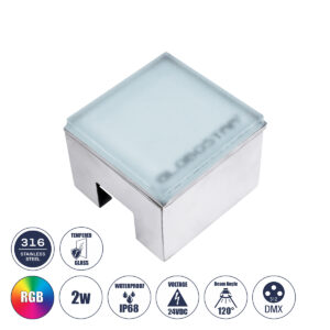 GLOBOSTAR® CYBOLITHOS 60948 Χωνευτό Αρχιτεκτονικο Φωτιστικό Σποτ Δαπέδου LED 2W 170lm 120° DC 24V Αδιάβροχο IP68 IK06 Πολύχρωμο RGB Dimmable DMX512 - Bridgelux SMD Chip - Γαλακτερό Tempered Glass & Ανοξείδωτο Ατσάλι SS316 - Μ10 x Π10x Υ8cm / Q10 x 10cm - 3 Χρόνια Εγγύηση