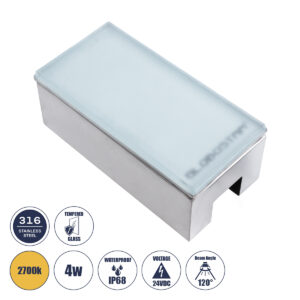 GLOBOSTAR® CYBOLITHOS 60949 Χωνευτό Αρχιτεκτονικο Φωτιστικό Σποτ Δαπέδου LED 4W 440lm 120° DC 24V Αδιάβροχο IP68 IK06 Θερμό Λευκό 2700K Dimmable - Bridgelux SMD Chip - Γαλακτερό Tempered Glass & Ανοξείδωτο Ατσάλι SS316 - Μ20 x Π10x Υ8cm / Q20 x 10cm - 3 Χρόνια Εγγύηση