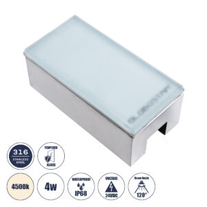 GLOBOSTAR® CYBOLITHOS 60950 Χωνευτό Αρχιτεκτονικο Φωτιστικό Σποτ Δαπέδου LED 4W 460lm 120° DC 24V Αδιάβροχο IP68 IK06 Φυσικό Λευκό 4500K Dimmable - Bridgelux SMD Chip - Γαλακτερό Tempered Glass & Ανοξείδωτο Ατσάλι SS316 - Μ20 x Π10x Υ8cm / Q20 x 10cm - 3 Χρόνια Εγγύηση