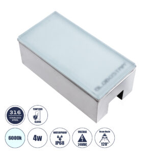 GLOBOSTAR® CYBOLITHOS 60951 Χωνευτό Αρχιτεκτονικο Φωτιστικό Σποτ Δαπέδου LED 4W 480lm 120° DC 24V Αδιάβροχο IP68 IK06 Ψυχρό Λευκό 6000K Dimmable - Bridgelux SMD Chip - Γαλακτερό Tempered Glass & Ανοξείδωτο Ατσάλι SS316 - Μ20 x Π10x Υ8cm / Q20 x 10cm - 3 Χρόνια Εγγύηση