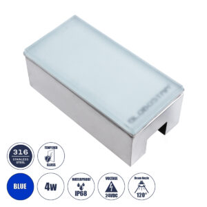 GLOBOSTAR® CYBOLITHOS 60952 Χωνευτό Αρχιτεκτονικο Φωτιστικό Σποτ Δαπέδου LED 4W 340lm 120° DC 24V Αδιάβροχο IP68 IK06 Μπλε Dimmable - Bridgelux SMD Chip - Γαλακτερό Tempered Glass & Ανοξείδωτο Ατσάλι SS316 - Μ20 x Π10x Υ8cm / Q20 x 10cm - 3 Χρόνια Εγγύηση
