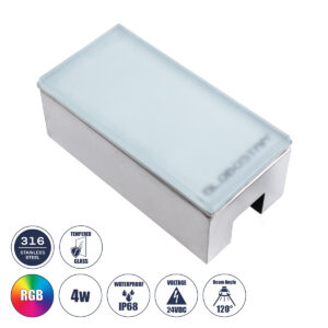 GLOBOSTAR® CYBOLITHOS 60953 Χωνευτό Αρχιτεκτονικο Φωτιστικό Σποτ Δαπέδου LED 4W 340lm 120° DC 24V Αδιάβροχο IP68 IK06 Πολύχρωμο RGB Dimmable - Bridgelux SMD Chip - Γαλακτερό Tempered Glass & Ανοξείδωτο Ατσάλι SS316 - Μ20 x Π10x Υ8cm / Q20 x 10cm - 3 Χρόνια Εγγύηση