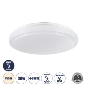 GLOBOSTAR® SENSORANO 60995 Φωτιστικό Πλαφονιέρα Οροφής με Ανιχνευτή Microwave / Αισθητήρα Κίνησης LED 30W 3000lm 120° AC 220-240V Αδιάβροχο IP54 Φυσικό Λευκό 4500K - Lumileds SMD Chip - Λευκό Γαλακτερό - Μ38 x Π38 x Υ5.3cm - 3 Χρόνια Εγγύηση