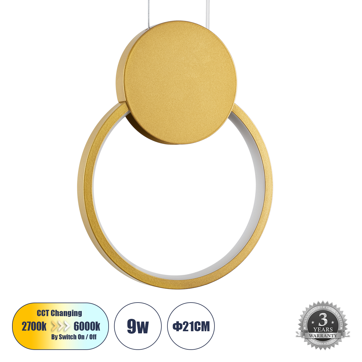 GLOBOSTAR® CYCLOS 61075 Μοντέρνο Κρεμαστό Φωτιστικό Οροφής LED 9W 1080lm 300° AC 220-240V IP20 Ρυθμιζόμενο Λευκό CCT με On/Off 2700K/4500K/6000K - Lumileds SMD Chip - Χρυσό Βούρτσας - Μ21 x Π2.3 x Υ26.5cm - 3 Χρόνια Εγγύηση