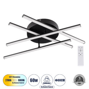 GLOBOSTAR® DRACO 61095 Μοντέρνο Φωτιστικό Οροφής LED 60W 7380lm 120° AC 220-240V IP20 Ρυθμιζόμενο Λευκό CCT με Χειριστήριο από 2700K έως 6000K Dimmable - Lumileds SMD Chip - Μαύρο Ματ - Μ60 x Π60 x Υ11cm - 3 Χρόνια Εγγύηση