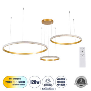 GLOBOSTAR® DIAMOND TRIO 61145 Μοντέρνο Κρεμαστό Φωτιστικό Οροφής LED 120W 14723lm 360° AC 220-240V IP20 Ρυθμιζόμενο Λευκό CCT με Χειριστήριο από 2700K έως 6000K Dimmable - Lumileds SMD Chip - Χρυσό Βούρτσας - Μ150 x Π150 x Υ60cm - 3 Χρόνια Εγγύηση
