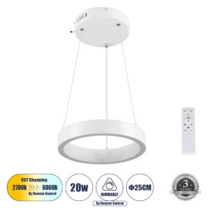 GLOBOSTAR® NEMESIS 61153 Μοντέρνο Κρεμαστό Φωτιστικό Οροφής LED 20W 2356lm 360° AC 220-240V IP20 Ρυθμιζόμενο Λευκό CCT με Χειριστήριο από 2700K έως 6000K Dimmable - Lumileds SMD Chip - Λευκό Ματ - Μ25 x Π25 x Υ4cm - 3 Χρόνια Εγγύηση
