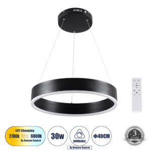 GLOBOSTAR® VENOM 61173 Μοντέρνο Κρεμαστό Φωτιστικό Οροφής LED 30W 3513lm 120° AC 220-240V IP20 Ρυθμιζόμενο Λευκό CCT με Χειριστήριο από 2700K έως 6000K Dimmable - Lumileds SMD Chip - Μαύρο Ματ - Μ40 x Π40 x Υ6.5cm - 3 Χρόνια Εγγύηση