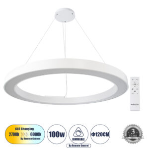 GLOBOSTAR® RA 61199 Μοντέρνο Κρεμαστό Φωτιστικό Οροφής LED 100W 11020lm 120° AC 220-240V IP20 Ρυθμιζόμενο Λευκό CCT με Χειριστήριο από 2700K έως 6000K Dimmable - Lumileds SMD Chip - Λευκό Ματ - Μ120 x Π120 x Υ8cm - 3 Χρόνια Εγγύηση
