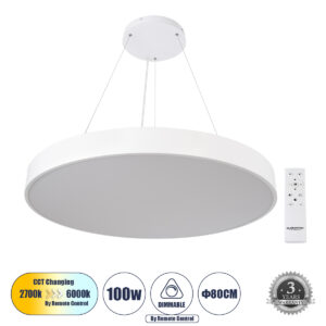 GLOBOSTAR® BURTON 61205 Μοντέρνο Κρεμαστό Φωτιστικό Οροφής LED 100W 10000lm 120° AC 220-240V IP20 Ρυθμιζόμενο Λευκό CCT με Χειριστήριο από 2700K έως 6000K Dimmable - Lumileds SMD Chip - Λευκό Ματ - Μ80 x Π80 x Υ8cm - 3 Χρόνια Εγγύηση