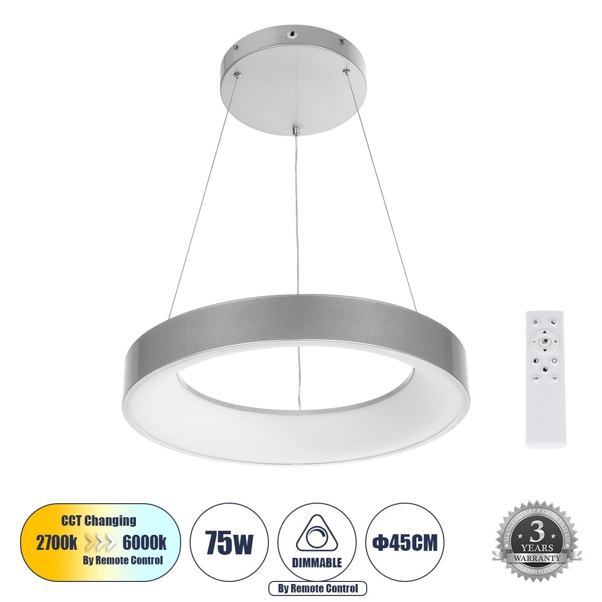 GLOBOSTAR® SALEM 61242 Μοντέρνο Κρεμαστό Φωτιστικό Οροφής LED 75W 8625lm 120° AC 220-240V IP20 Ρυθμιζόμενο Λευκό CCT με Χειριστήριο από 2700K έως 6000K Dimmable - Lumileds SMD Chip - Γκρι - Μ45 x Π45 x Υ6cm - 3 Χρόνια Εγγύηση - Image 2