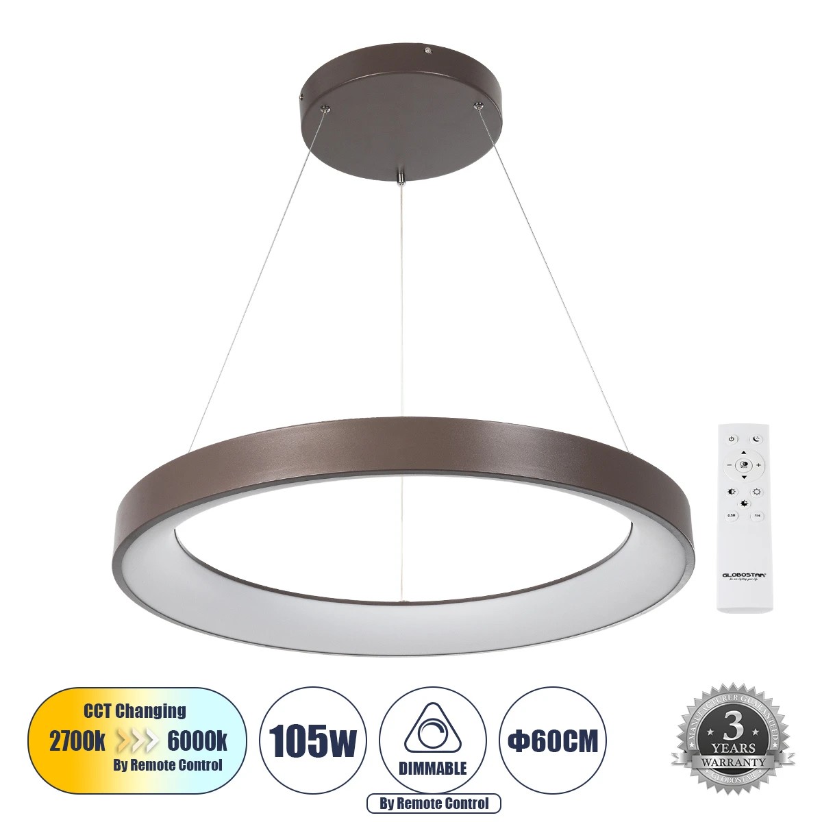 GLOBOSTAR® SALEM 61248 Μοντέρνο Κρεμαστό Φωτιστικό Οροφής LED 105W 12075lm 120° AC 220-240V IP20 Ρυθμιζόμενο Λευκό CCT με Χειριστήριο από 2700K έως 6000K Dimmable - Lumileds SMD Chip - Καφέ Ματ - Μ60 x Π60 x Υ6cm - 3 Χρόνια Εγγύηση